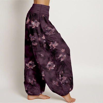 Buddha Stones Pure Cotton Vintage Lotus Floral Pattern Women's Elastic Waist Harem Pants - image 7