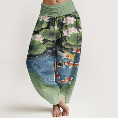Buddha Stones Cotton Lotus Koi Pond Pattern Women's Elastic Waist Harem Pants - OliveDrab - US16，UK/AU20，EU48 (3XL) - image 0