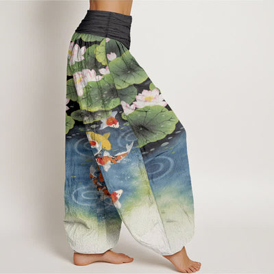 Buddha Stones Cotton Lotus Koi Pond Pattern Women's Elastic Waist Harem Pants - image 10