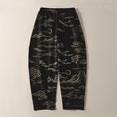 Buddha Stones Pure Cotton Cloud Mountain Wave Pattern Drawstring Men's Tapered Pants With Pockets - image 3