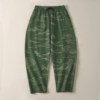 Buddha Stones Pure Cotton Cloud Mountain Wave Pattern Drawstring Men's Tapered Pants With Pockets - image 9