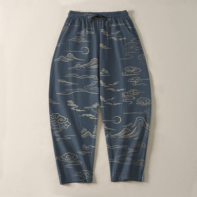 Buddha Stones Pure Cotton Cloud Mountain Wave Pattern Drawstring Men's Tapered Pants With Pockets - image 13