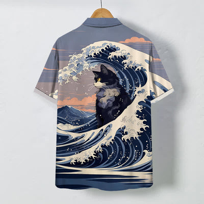 Buddha Stones Great Wave Black Cat Pattern Buttons Breathable Men's Short Sleeve Shirt - image 1