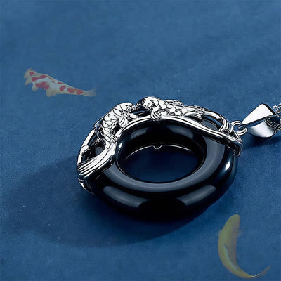 Buddha Stones Black Obsidian Koi Fish Luck Circular Peace Buckle Pendant Necklace - image 3