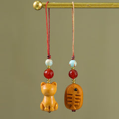 Buddha Stones Hand Carved Sandalwood Cat Fish Purification Keychains - image 0