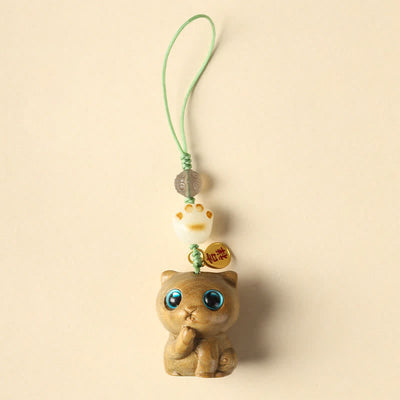 Buddha Stones Green Sandalwood Cat Hand-Woven Soothing Keychains - Phone Hanging Decoration - image 8