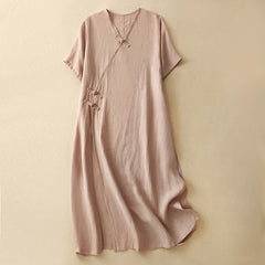 Buddha Stones Summer V-Neck Frog-Button Short Sleeve Women's Midi Dress - MistyRose - US8-10，UK/AU12-14，EU40-42 (2XL) - image 0