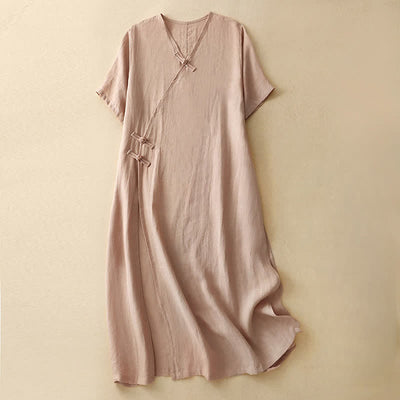 Buddha Stones Summer V-Neck Frog-Button Short Sleeve Women's Midi Dress - MistyRose - US8-10，UK/AU12-14，EU40-42 (2XL) - image 0