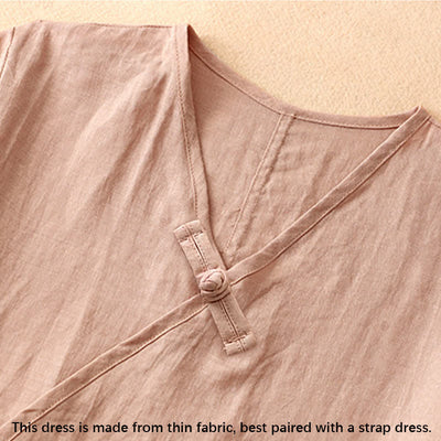 Buddha Stones Summer V-Neck Frog-Button Short Sleeve Women's Midi Dress - image 3