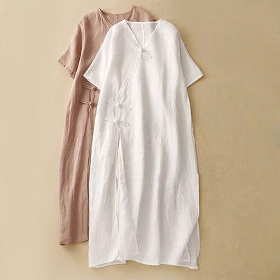 Buddha Stones Summer V-Neck Frog-Button Short Sleeve Women's Midi Dress - image 16