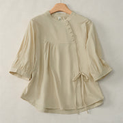 Foviel Lace-up Buttons Design Women's Three Quarter Sleeve Shirt