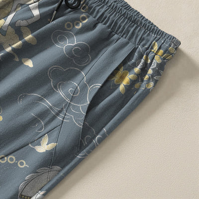 Buddha Stones Pure Cotton White Horse Cloud Blossom Pattern Drawstring Men's Tapered Pants With Pockets - image 4