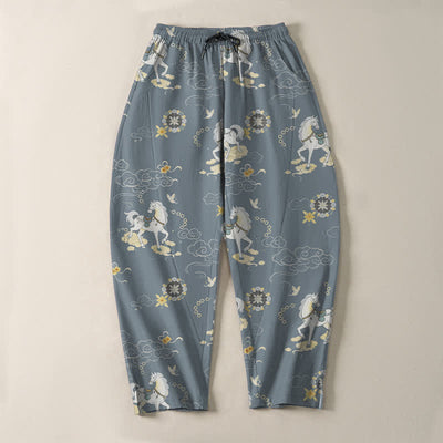 Buddha Stones Pure Cotton White Horse Cloud Blossom Pattern Drawstring Men's Tapered Pants With Pockets - image 2