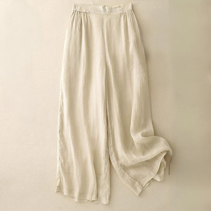 Buddha Stones Geometric Embroidery Elastic Waist Women's Wide Leg Pants With Pockets - Beige - US12，UK/AU16，EU44 (2XL) - image 11