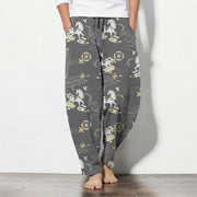 Foviel Pure Cotton White Horse Cloud Blossom Pattern Drawstring Men's Tapered Pants With Pockets