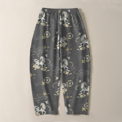 Buddha Stones Pure Cotton White Horse Cloud Blossom Pattern Drawstring Men's Tapered Pants With Pockets - image 10