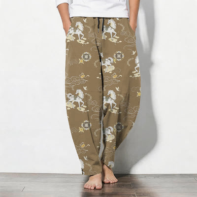 Buddha Stones Pure Cotton White Horse Cloud Blossom Pattern Drawstring Men's Tapered Pants With Pockets - Tan - US/UK/AU50，EU60 (5XL) - image 11