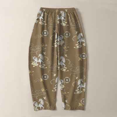 Buddha Stones Pure Cotton White Horse Cloud Blossom Pattern Drawstring Men's Tapered Pants With Pockets - image 14