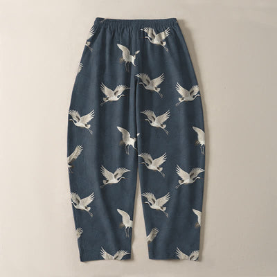 Buddha Stones Pure Cotton Flying White Crane Pattern Drawstring Men's Tapered Pants With Pockets - image 3