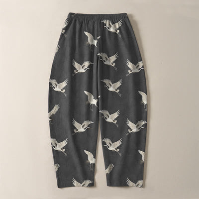 Buddha Stones Pure Cotton Flying White Crane Pattern Drawstring Men's Tapered Pants With Pockets - image 10