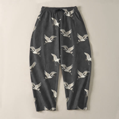 Buddha Stones Pure Cotton Flying White Crane Pattern Drawstring Men's Tapered Pants With Pockets - image 9