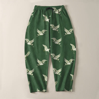 Buddha Stones Pure Cotton Flying White Crane Pattern Drawstring Men's Tapered Pants With Pockets - image 13