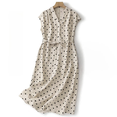 Buddha Stones Summer Polka Dot V-Neck Lace-up Women's Knee Length Dress With Pockets - White - US14，UK/AU18，EU46 (2XL) - image 8