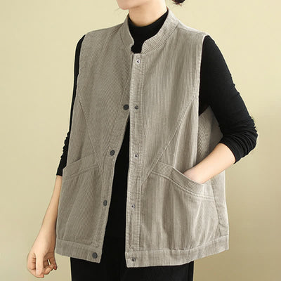 Buddha Stones Plain Sleeveless Women's Vest Corduroy Waistcoat With Pockets - image 4