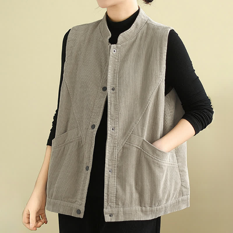 Buddha Stones Plain Sleeveless Women's Vest Corduroy Waistcoat With Pockets - image 4