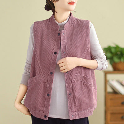Buddha Stones Plain Sleeveless Women's Vest Corduroy Waistcoat With Pockets - image 9