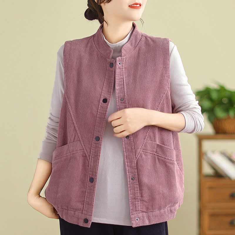 Buddha Stones Plain Sleeveless Women's Vest Corduroy Waistcoat With Pockets - image 9