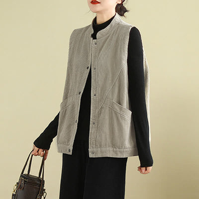 Buddha Stones Plain Sleeveless Women's Vest Corduroy Waistcoat With Pockets - image 1