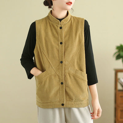 Buddha Stones Plain Sleeveless Women's Vest Corduroy Waistcoat With Pockets - Goldenrod - US8-10，UK/AU12-14，EU40-42 (2XL) - image 14