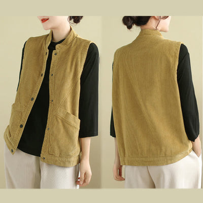 Buddha Stones Plain Sleeveless Women's Vest Corduroy Waistcoat With Pockets - image 18