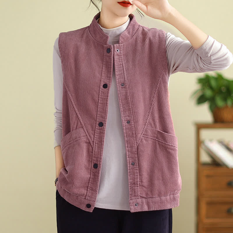 Buddha Stones Plain Sleeveless Women's Vest Corduroy Waistcoat With Pockets - image 12