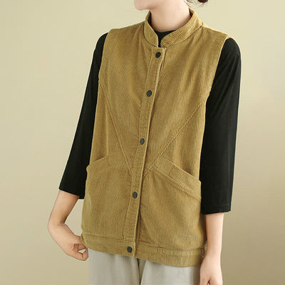 Buddha Stones Plain Sleeveless Women's Vest Corduroy Waistcoat With Pockets - image 16