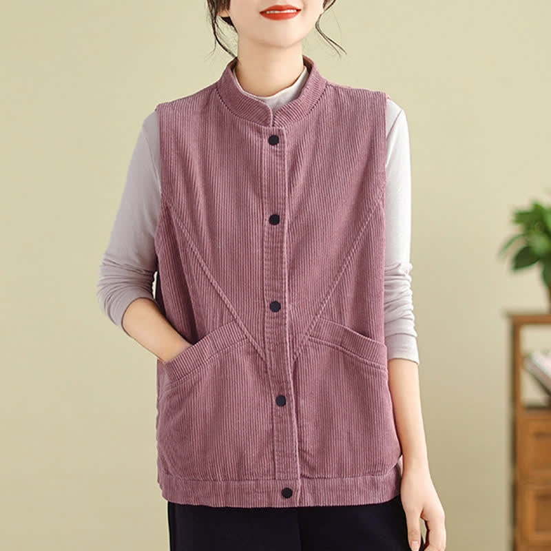 Buddha Stones Plain Sleeveless Women's Vest Corduroy Waistcoat With Pockets - image 10