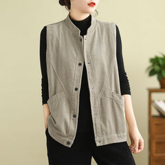 Buddha Stones Plain Sleeveless Women's Vest Corduroy Waistcoat With Pockets - Beige - US8-10，UK/AU12-14，EU40-42 (2XL) - image 0