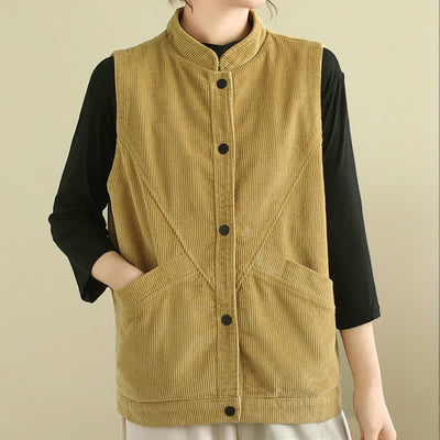 Buddha Stones Plain Sleeveless Women's Vest Corduroy Waistcoat With Pockets - image 15