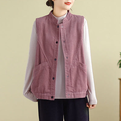 Buddha Stones Plain Sleeveless Women's Vest Corduroy Waistcoat With Pockets - image 13