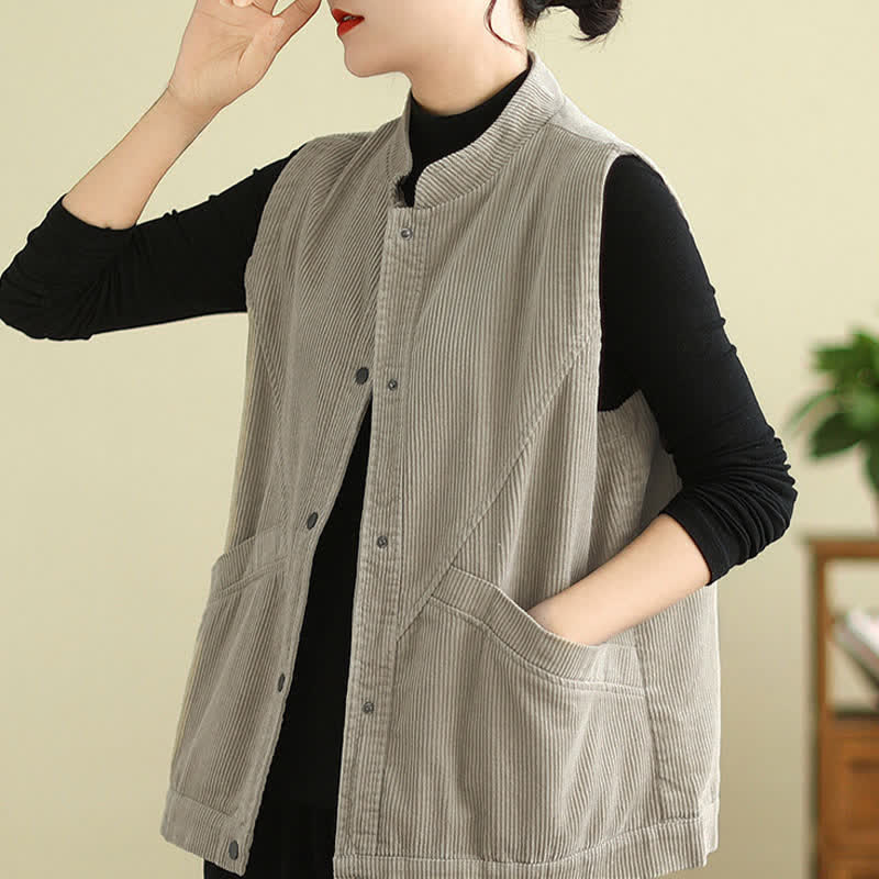 Buddha Stones Plain Sleeveless Women's Vest Corduroy Waistcoat With Pockets - image 2