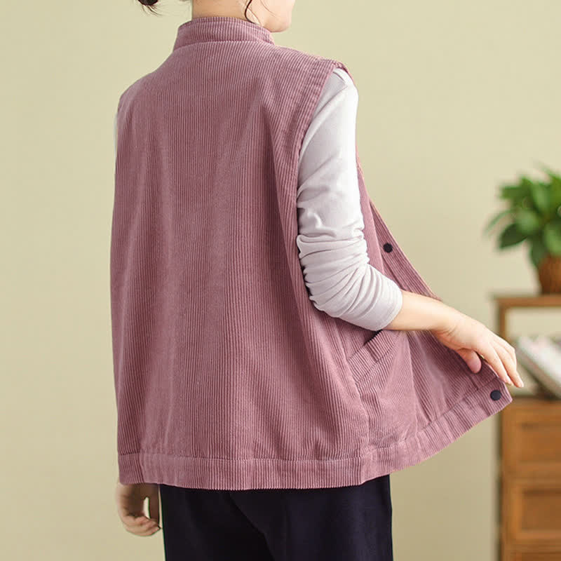 Buddha Stones Plain Sleeveless Women's Vest Corduroy Waistcoat With Pockets - image 11