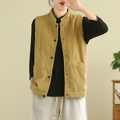 Buddha Stones Plain Sleeveless Women's Vest Corduroy Waistcoat With Pockets - image 17