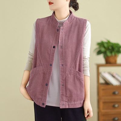 Buddha Stones Plain Sleeveless Women's Vest Corduroy Waistcoat With Pockets - PaleVioletRed - US8-10，UK/AU12-14，EU40-42 (2XL) - image 8