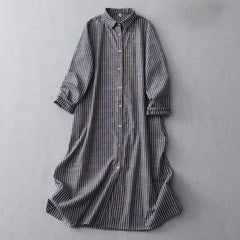 Buddha Stones LightSteelBlue White Striped Long Sleeve Lapel Midi Dress With Pockets - LightSteelBlue - US14，UK/AU18，EU46 (2XL) - image 0