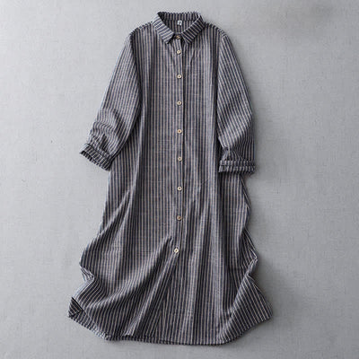 Buddha Stones LightSteelBlue White Striped Long Sleeve Lapel Midi Dress With Pockets - LightSteelBlue - US14，UK/AU18，EU46 (2XL) - image 0