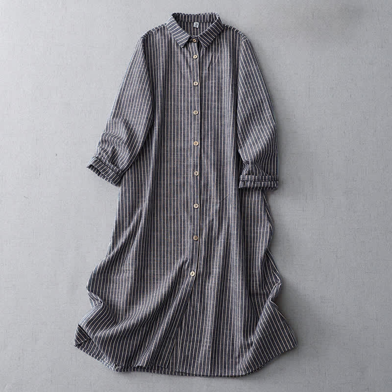 Buddha Stones LightSteelBlue White Striped Long Sleeve Lapel Midi Dress With Pockets - LightSteelBlue - US14，UK/AU18，EU46 (2XL) - image 0