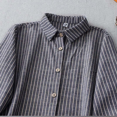 Buddha Stones LightSteelBlue White Striped Long Sleeve Lapel Midi Dress With Pockets - image 2