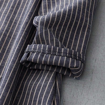 Buddha Stones LightSteelBlue White Striped Long Sleeve Lapel Midi Dress With Pockets - image 5