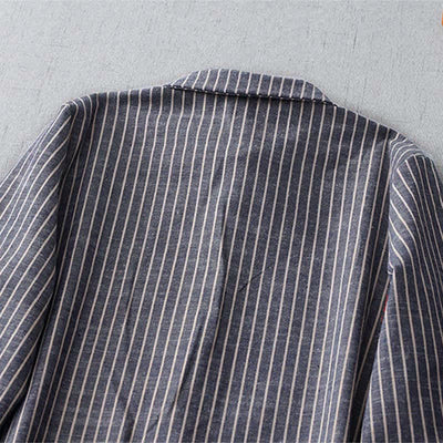 Buddha Stones LightSteelBlue White Striped Long Sleeve Lapel Midi Dress With Pockets - image 3